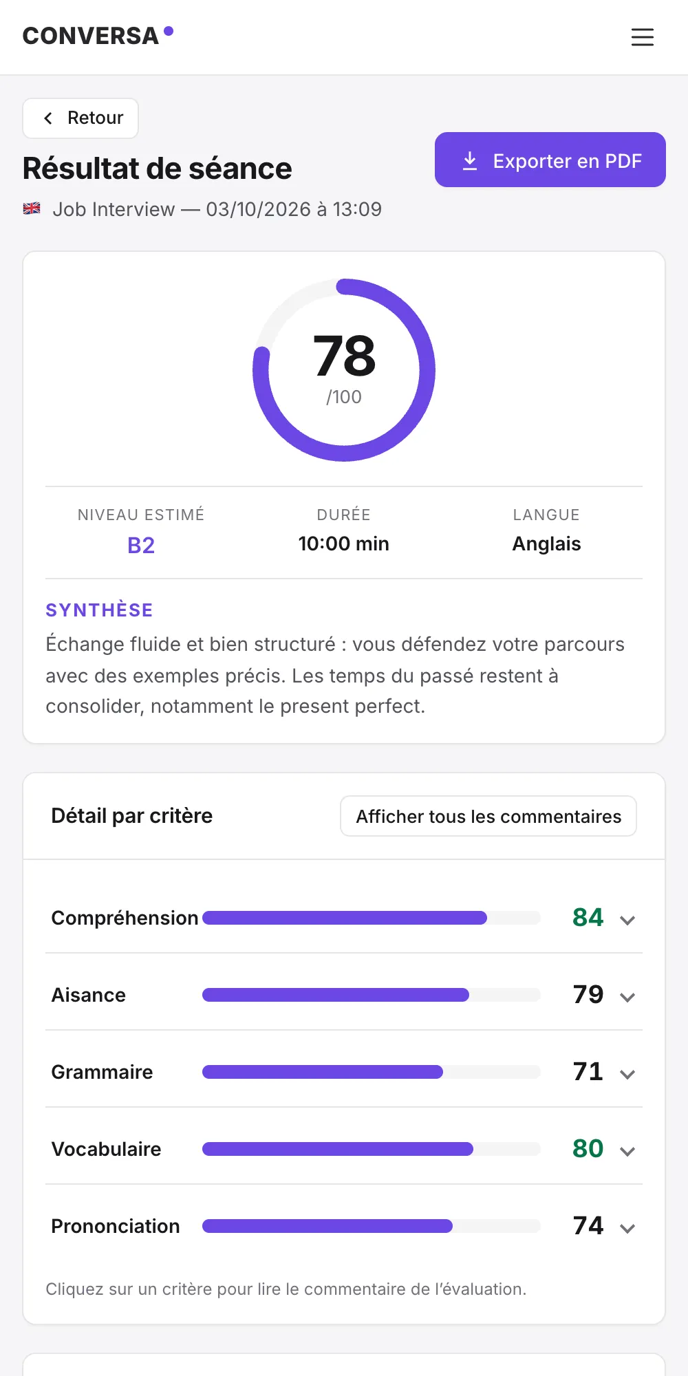 Le même résultat de séance sur téléphone : score sur 100, niveau estimé et compétences (données de démonstration).